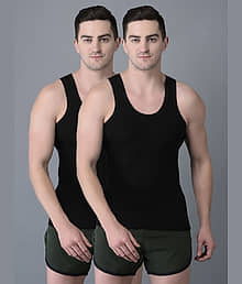 Dollar Bigboss Men's Black Pack of 2 Solid Combed Cotton Vest