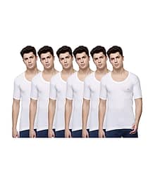 Dollar Lehar Men Combed Cotton Round Neck With Sleeve Vest - Pack of 6 - White