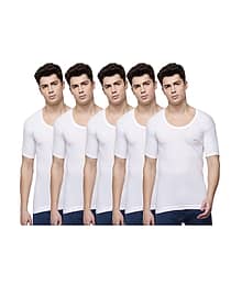 Dollar Lehar Men Combed Cotton Round Neck With Sleeve Vest - Pack of 5 - White
