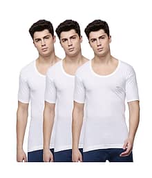 Dollar Lehar Men Combed Cotton Round Neck With Sleeve Vest - Pack of 3 - White