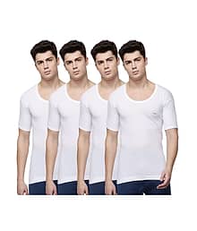 Dollar Lehar Men Combed Cotton Round Neck With Sleeve Vest - Pack of 4 - White