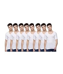 Dollar Lehar Men Combed Cotton Round Neck With Sleeve Vest - Pack of 8 - White