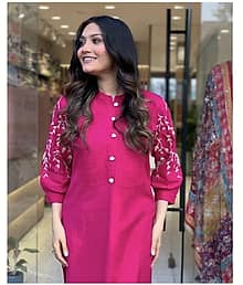 ETZIN Women Rayon Embroidered Straight Kurti With Pants ( Pink )