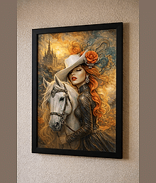 Elegant Lady with Horse Wall Painting with Black Frame | Royal Vintage Canvas Wall Decor for Living Room