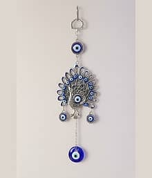 Evil Eye Peacock Wall Hanging for Home Decor | Nazar Suraksha Hanging Charm | Metal Peacock Lucky Protection Wall Decor | Entrance Door Hanging Vastu