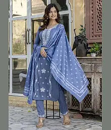 FANTASY FAB Women Cotton Blend Embroidered Straight Kurti With Salwar ( Grey )