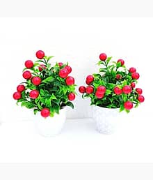 FLORIVA Red cheery plant for home decoration pair set of 2 small table plant for office Bonsai Artificial Plant with Pot (15 cm, Green)