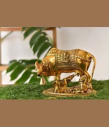 Fashion Bizz Large Cow And Calf Metal Statue With Krishna Decorative Showpiece - 16 cm