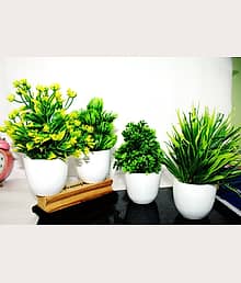 Floriva - Artificial mini green grass with wood pot for home decor Artificial Plant with Pot (18 cm, Green)