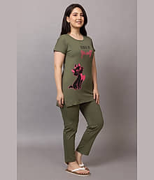 GITIMITII Cotton Printed Women T-shirt with Pyjama ( Green )
