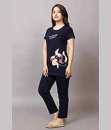GITIMITII Cotton Printed Women T-shirt with Pyjama ( Navy )