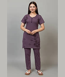 GITIMITII Cotton Solid Women T-shirt with Pyjama ( Purple )