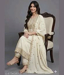 GS FASHIONS Women Silk Blend Embroidered Straight Kurti With Pants ( Off White )