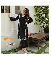 Gobya Rayon Solid Kurti With Pants Women's Stitched Salwar Suit - Black ( Pack of 1 )