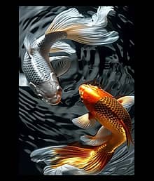Golden Koi Fish with Lotus Premium Wall Art Frame