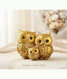 Golden Owl Family Showpiece Set of 3 | Decorative Owl Figurines for Home Decor, Living Room, Office Table | Lucky Feng Shui Owl Statue Gift Item