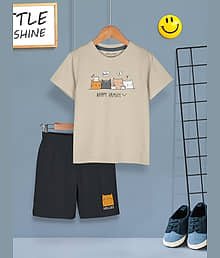 HELLCAT Boys Dress Clothing Set Combo with Tshirts & Shorts - Pack 1 Beige