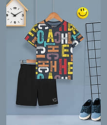 HELLCAT Boys Cotton Blend Printed Dress Clothing Set Combo with Tshirts & Shorts - Pack 1 Black2