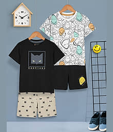 HELLCAT Boys Dress Clothing Set Combo with Tshirts & Shorts - Pack 2 Black_White