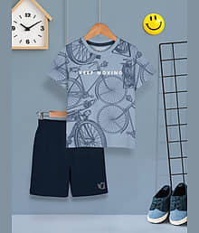 HELLCAT Boys Dress Clothing Set Combo with Tshirts & Shorts - Pack 1 Bluish Grey