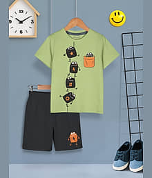 HELLCAT Boys Cotton Blend Printed Dress Clothing Set Combo with Tshirts & Shorts - Pack 1 Green
