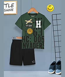 HELLCAT Boys Dress Clothing Set Combo with Tshirts & Shorts - Pack 1 Olive
