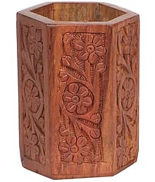 Generic - Sheesham Wood Carving Hexagon Pen Stand Showpiece 10 cm