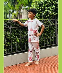 Heticlex Pack of 1 Boys Cotton Spandex Tshirt & Pajama Set ( Off White )