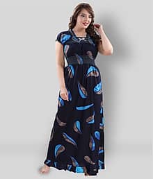 INNER BEATS Cotton Printed Women Regular Nighty ( Navy Blue )