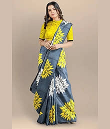 Jankiji Fabrics Cotton Blend Colorblock Regular Saree With Unstitched Blouse Piece ( Grey )