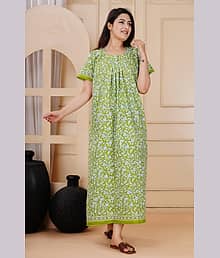 K.D.PRINTS White,Green Cotton Women's Nightwear Nighty & Night Gowns ( Pack of 1 )