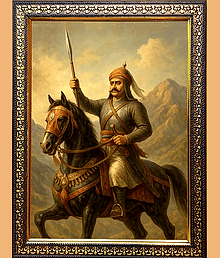 KING OF MEWAR MAHARANA PRATAP SINGH RIDING ON CHETAK Laminated Photo Framed in Black Photo Frame (10.75 x 12.75 inch) with Wall Hanging Mount