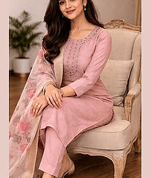 KRISHNA ENTERPRISE Women Cotton Blend Embroidered A-line Kurti With Salwar ( Peach )
