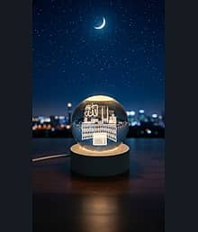 Kaaba Madina 3D Crystal Ball LED Night Lamp with Wooden Base | Islamic Calligraphy Decorative Light for Home, Bedroom, Office | Ramadan Eid Gift