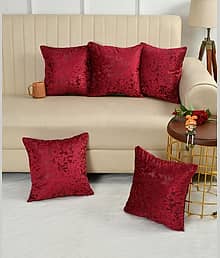 Kraftiq Homes Set of 5 Velvet Floral Square Cushion Cover (40X40)cm - Maroon