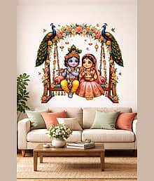 Krishna Radha Kids Swing Wall Sticker 18x18 Inch | Cute Baby Krishna Vinyl Wall Decal | Floral Peacock Indian God Wall Art for Home Decor