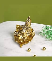 Kuber idol With Diya on Pipal Leaf Decorative Showpiece - 9 cm (Metal, Yellow)