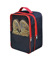 Large Shoe Storage Bag with Mesh Window, Navy Blue and Red Trim, Travel Organiser Bag for Footwear, Transparent Display Case, 30x23x14cm