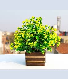 Leafora artificial green plant for home decoration with wood pot Artificial Plant with Pot (18 cm, Green)