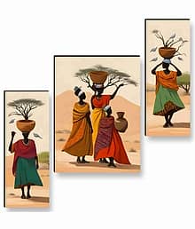 Livin'luxe African Tribal Women Wall Art ? 3 Panel Cultural Painting with Desert Landscape, Pots & Birds for Ethnic Living Room Décor 12 Inch x 20 Inc
