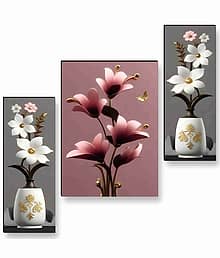 Livin'luxe Elegant Floral Vase Wall Art ? 3 Panel Modern Flower Painting with Golden Accents & 3D Effect for Bedroom or Living Room Décor 12 Inch x 20