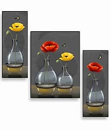 Livin'luxe Elegant Poppy Vase Wall Art – 3 Panel Modern Flower Painting with Glass Bottles & Butterflies for Living Room & Office Décor 12 Inch x 20 I