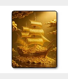 Livin'luxe Golden Wealth Ship Money Wall Art Black Frame Sparkle Laminated Painting for Vastu Decor Zone