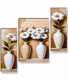 Livin'luxe Minimal Beige Floral Wall Art – 3 Panel Elegant White Vase with Flowers Painting for Contemporary Living Room & Kitchen Décor 12 Inch x 20