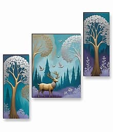 Livin'luxe Mystic Forest Deer Wall Art ? 3 Panel Scenic Painting with Golden Trees & Birds for Living Room or Bedroom Nature Theme Décor 12 Inch x 20
