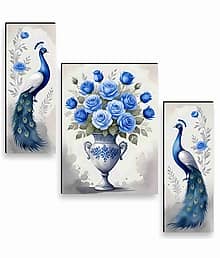 Livin'luxe Peacock and Blue Rose Vase Wall Art ? 3 Panel Floral and Bird Painting in Elegant Watercolor Style for Living Room & Hall Décor 12 Inch x 2