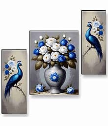 Livin'luxe Peacock with Blue & White Rose Wall Art – 3 Panel Royal Bird & Floral Vase Painting for Luxurious Living Room Décor 12 Inch x 20 Inch