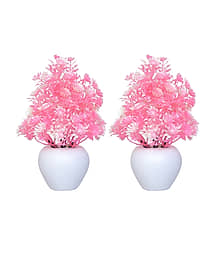 MODO Artificial Plant With White Plastic Pot Pink Bonsai Plastic - Pack of 2