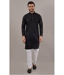 MOUDLIN Cotton Blend Solid Regular Fit Kurta Pyjama Set For Men ( Black )