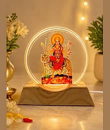 Maa Durga LED Night Lamp with Wooden Base | 3D Acrylic Illusion Goddess Durga Decorative Light | Spiritual Pooja Room Table Lamp Home Decor Gift